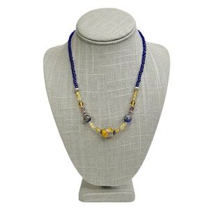 Cobalt Blue & Yellow Lampwork Seed Beaded Necklace